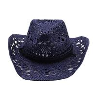 Cazqgoy Chapeau de cowboy vintage Western Straw - Chapeau de cowboy pour femme avec paille respirante avec sangle de menton - Large protection solaire, bleu, L