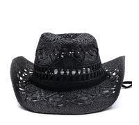 Cazqgoy Chapeau de cowboy vintage Western Straw - Chapeau de cowboy pour femme avec paille respirante avec sangle de menton - Large protection solaire, Noir , L