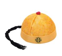 Cazqgoy Chapeau impérial chinois, chapeau de prince antique chinois, chapeau mandarin avec tresse, chapeau oriental chinois, chapeau empereur chinois (jaune)