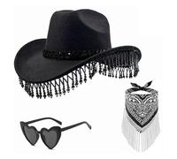 CAZSTYK Chapeau de cowgirl orné de perles avec écharpe à franges et lunettes de soleil pour Halloween, mascarades et jeux de rôle occidentaux, spectacles de théâtre, accessoires de cowboy