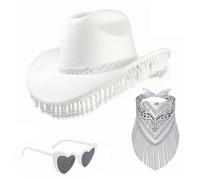 CAZSTYK Chapeau de cowgirl orné de perles avec écharpe à franges et lunettes de soleil pour Halloween, mascarades et jeux de rôle occidentaux, spectacles de théâtre, accessoires de cowboy