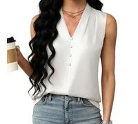 CAZSTYK Chemisier respirant sans manches avec col en V et boutons décoratifs pour un usage quotidien au printemps Haut de soirée, blanc, M