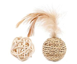 CAZSTYK Lot de 2 balles en rotin avec clochette intégrée - Jouet mignon - Tissage de paille - Balle en rotin interactif pour l'intérieur lorsque vous ne le souhaitez pas pour l'ennuyer pour les