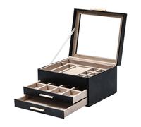CAZSTYK Organiseur de bijoux à trois couches avec fenêtre supérieure transparente - Extérieur en cuir synthétique - Doublure en flanelle dorée - Pour collier et boîte à bijoux