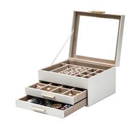 CAZSTYK Organiseur de bijoux à trois couches avec fenêtre supérieure transparente - Extérieur en cuir synthétique - Doublure en flanelle dorée - Pour collier et boîte à bijoux