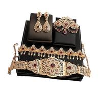 CAZSTYK Parure de bijoux de mariage plaqué or avec chaîne de taille, boucles d'oreilles, broche accessoire pour cérémonie arabe, One Size, Comme décrit, Comme décrit.