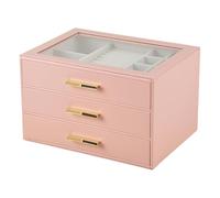 CAZSTYK Rangement de bijoux pour voyage avec couvercle en verre, trois compartiments, doublure en velours doux, boîte à bijoux verrouillable