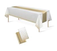 CAZSYSDD 2Pack Disposable Plastic Tablecloths 137 * 274 cm and Satin Table Runner,Party Table Cloths,Gold Dot Confetti Table Cover for Birthday, Engagement, Wedding (White Gold+Gold TR, 1Pack)