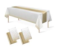 CAZSYSDD 4Pack Disposable Plastic Tablecloths 137 * 274 cm and Satin Table Runner,Party Table Cloths,Gold Dot Confetti Table Cover for Birthday, Engagement, Wedding (White Gold+Gold Table Runner)