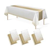 CAZSYSDD 6 Pack Disposable Plastic Tablecloths 137 * 274 cm and Satin Table Runner,Party Table Cloths,Gold Dot Confetti Table Cover for Birthday, Engagement, Wedding (White Gold+Gold TR, 3Pack)