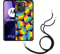 Cazy Chaîne de portable Housse noire Compatible avec Motorola Edge 40 Cœurs d'arc-en-ciel