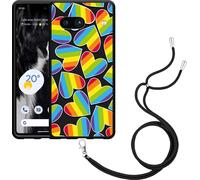 Cazy Chaîne de téléphone Housse noire Compatible avec Google Pixel 7a Cœurs d'arc-en-ciel