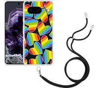 Cazy Chaîne de téléphone portable Coque Compatible avec Google Pixel 8 Cœurs d'arc-en-ciel