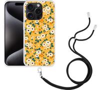 Cazy Chaîne de téléphone portable Coque Compatible avec iPhone 15 Pro Impression florale vintage
