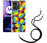 Cazy Chaîne de téléphone portable Coque Compatible avec Motorola Edge 40 Cœurs d'arc-en-ciel