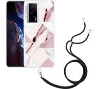Cazy Chaîne de téléphone portable Coque Compatible avec Xiaomi Poco F5 Pro Marbre rose