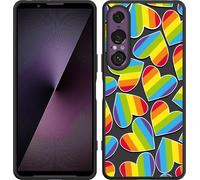 Cazy Coque compatible avec Sony Xperia 1 VII Coque en Silicone Noir – Coeurs arc-en-ciel