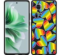 Cazy Housse adaptée au modèle Oppo Reno11 Housse silicone noire - Cœurs d'arc-en-ciel