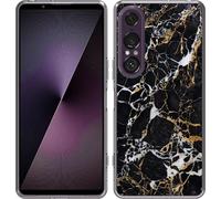 Cazy Housse adaptée au Sony Xperia 1 VII Housse en silicone - Marbre noir doré