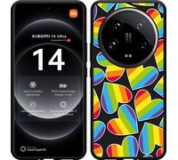 Cazy Housse adaptée au Xiaomi 14 Ultra Housse silicone noire - Cœurs arc-en-ciel