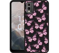 Cazy Housse noire Compatible avec Nokia C32 Papillons roses