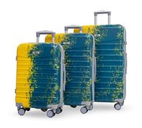 CBA Ensemble de 3 valises - Bleu marine et jaune - Cabine, valises moyennes et grandes - Coque rigide en ABS, roues pivotantes amovibles à 360°, serrure TSA, porte-gobelet intégré, roue de secours