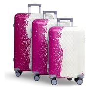 CBA Valise rigide ABS et polycarbonate avec roulettes pivotantes à 360°, roue de secours d'urgence, porte-gobelet (petite uniquement), poignée télescopique - rose et blanc, Rose vif et blanc, set of 3