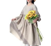 CBBEONRN Tablier Japonais Femme Grande Taille Manches Longues Couleur Unie Coton Vintage Tablier De Cuisine avec 2 Poches pour Chef Jardinage Fleuriste Beige,One Size