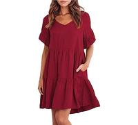 Cbebvwl Robe Femme Chic Et Elegant Bohème Grande Taille Courte Dos Nu Soiree Manches Courtes en Lin pour Mariage Tenue Empire De Plage D'été Femmes Bleu Marine Fleurie Blanche Rouge S