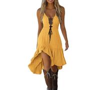 Cbebvwl Robe Femme Chic Et Elegant en Coton Lin pour Noir Année 80 Bleu Roi Plissee Summer Dress Mariage Invité Prom Ete Mi Longue D'été Fluide Empire Chemise De Soiree Jaune XXL