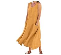 Cbebvwl Robe Femme Chic Et Elegant pour Summer Dress a Paillette Longue Manche Bohème Verte Mariage Ete Dresses for Women Boheme Fluide Été De Soiree en Coton Lin Invite Jaune-A S