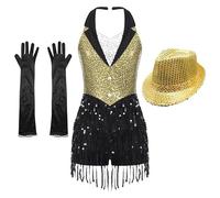 CBFGGOEUDFBS Combinaison de danse for femme, style jazz latin, avec franges, gants et chapeau, idéale for la samba, la rumba, la salsa et le tango.(Yellow Set 3pcs,M)