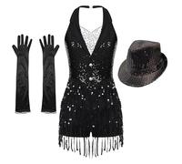 CBFGGOEUDFBS Combinaison de danse for femme, style jazz latin, avec franges, gants et chapeau, idéale for la samba, la rumba, la salsa et le tango.(Black Set 3pcs,M)