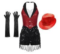CBFGGOEUDFBS Combinaison de danse for femme, style jazz latin, avec franges, gants et chapeau, idéale for la samba, la rumba, la salsa et le tango.(Red Set 3pcs,L)
