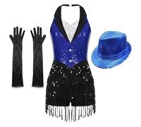 CBFGGOEUDFBS Combinaison de danse for femme, style jazz latin, avec franges, gants et chapeau, idéale for la samba, la rumba, la salsa et le tango.(Blue Set 3pcs,XL)