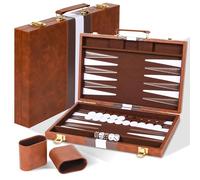 Cbilzxer Backgammon de Voyage 38cm, Set Premium en Similicuir Brun avec Feltre Antibruti, Valise de Backgammon avec Accessoires Complet (15 Pouces)