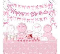 cBow Décorations d'anniversaire, décorations de fête avec nœud, assiettes, tasses, serviettes, nappe de fête, bannière « Happy Birthday » à suspendre, décorations de gâteau pour coquette
