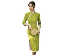 CBROOT Robe Cheongsam Chinoise pour Femme -Printemps Automne Élégant Manches Longues Moyenne Longueur Verte Qipao Robe Traditionnelle Chinoise pour Femmes Banquet Mariage Cheongsam,M