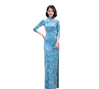 CBROOT Robe Cheongsam Chinoise pour Femme -Printemps Automne Velours Long Cheongsam Floral Manches Longues Vintage Amélioré Femmes Robe Style Chinois Traditionnel Qipao S-5Xl Plus Taille, Bleu, L