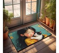 CBRT Paillasson d'extérieur amusant fille avec de longs cheveux noirs portant une chemise jaune tenant un chat noir et blanc, accessoires de bar, décoration de chambre de garçons (40 x 60 cm)