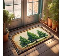 CBRT Paillasson d'extérieur imperméable avec trois grands arbres de pin dans un cadre orné, pour décoration de terrasse, 40 x 60 cm