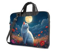 CBRT Sacoche pour ordinateur portable 15,6" Motif chat blanc assis dans un champ de fleurs sous une pleine lune Sac à dos pour ordinateur portable 17 Inc. (29 x 40 cm)