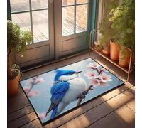 CBRT Tapis de porche extérieur Un oiseau bleu perché sur une branche avec des fleurs roses - Tapis de salle de bain - Décoration extérieure amusante (50 x 80 cm)