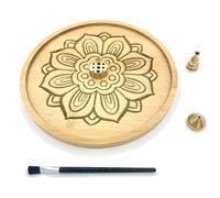 CBRVTY Porte-encens 5 en 1 en bambou - Motif lotus - Diamètre : 15,5 cm - Grand cendrier avec 3 cônes d'encens en laiton - Pour accessoires de méditation
