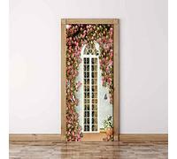 CBWRAW 3D Autocollants De Porte 77x200cm Stickers Muraux Vigne Rose Rose Papier Peint Affiche Trompe l'oeil pour Amovible Imperméablen Salon Salle De Bain Chambre Décoration De La Maison