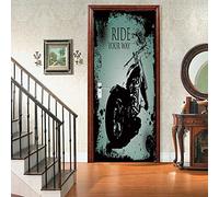 CBWRAW Stickers De Porte, 3D Intérieure Chambre Décoration Papier Peint Moto Noir Et Blanc Imperméablen Amovible Sticker Muraux Pour Adulte Enfant Salle Bain Poster Decoration 77x200cm