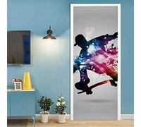 CBWRAW Stickers De Porte, 3D Intérieure Chambre Décoration Trompe L'Oeil Garçon De Skate Imperméablen Amovible Sticker Muraux Pour Adulte Enfant Salle Bain Poster Decoration 77x200cm