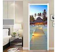 CBWRAW Stickers De Porte, 3D Intérieure Chambre Décoration Trompe l'oeil Plage Pont De Bois Paysage Marin Imperméablen Amovible Sticker Muraux pour Adulte Enfant Salle Bain Poster Decoration 77x200cm