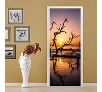 CBWRAW Stickers De Porte 3D Muraux Poster Trompe L'Oeil Intérieure Salon Cuisine Chambre Salle De Bain Plage Avec Arbres Morts Coucher De Soleil Paysage Marin Imperméablen Amovible Papier Peint Autoco