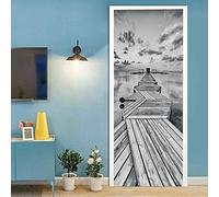 CBWRAW Stickers De Porte 3D Muraux Poster Trompe L'Oeil Intérieure Salon Cuisine Chambre Salle De Bain Paysage Marin De Pont En Bois Noir Et Blanc Imperméablen Amovible Papier Peint Autocollants Decor